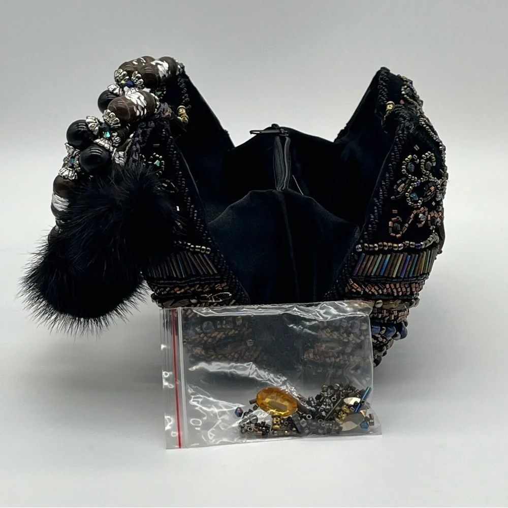 Vintage Mitchie's Beaded Handbag Purse Evening Bag Black Jeweled Multicolor